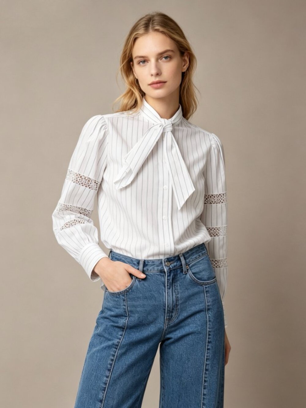 NWOT SEE BY CHLOÉ Embroidery Floral Tie-Neck Stripe Blouse Sz 36/4 Long Sleeves